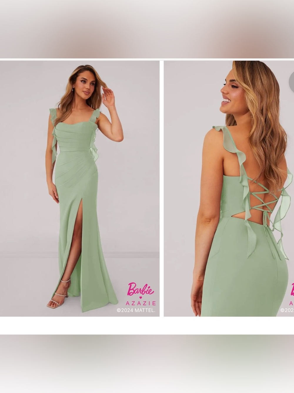Azazie Sage Green Ruffle Strap Lace-Up Back Evening Dress